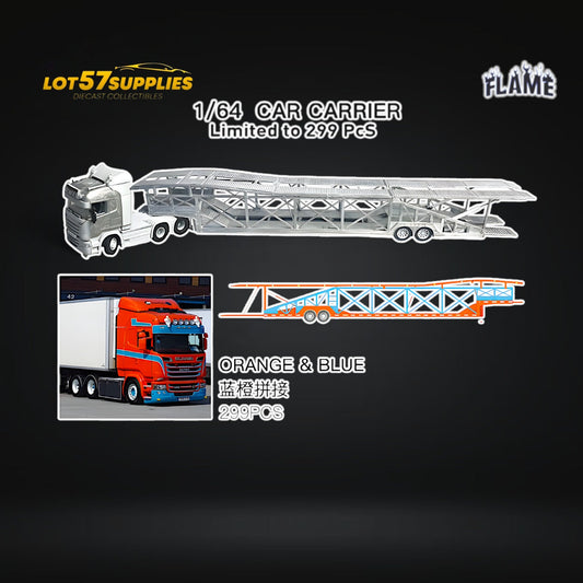 (Pre-Order) Flame Scania Car Carrier Transport Truck Orange Blue 1:64 - Limited to 299 Pcs