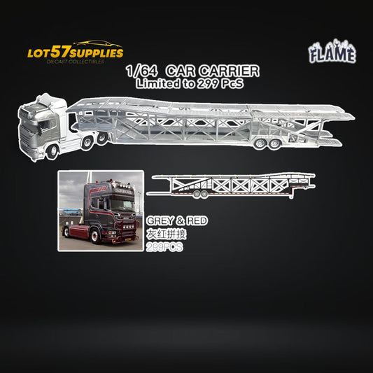 (Pre-Order) Flame Scania Car Carrier Transport Truck Grey Red 1:64 - Limited to 299 Pcs