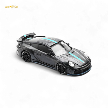 PopRace Porsche 992 Stinger GTR Carbon Edition - Carbon Grey Blue Line 1:64