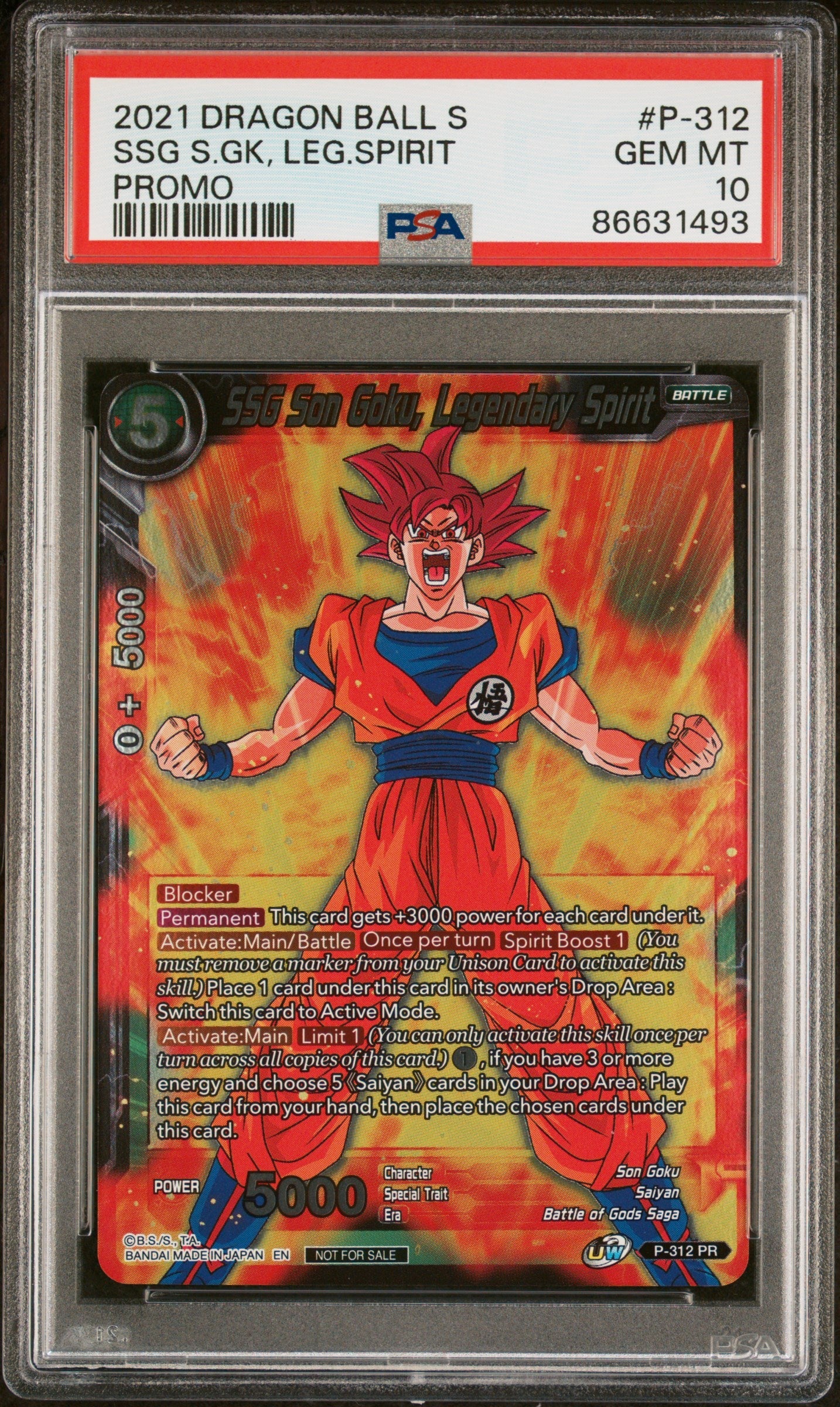 2021 DRAGON BALL SUPER CROSS SPIRITS SSG GOKU, LGNDRY SPRT #P-312 - PSA 10