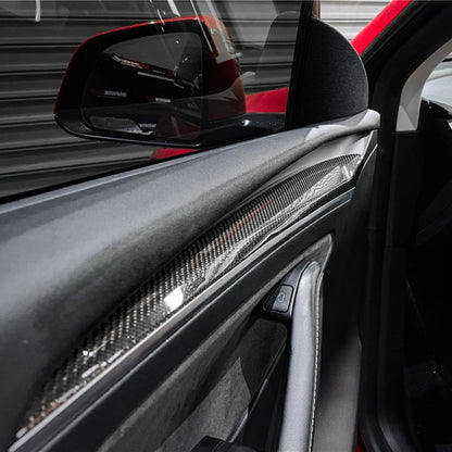 Repalcement Real Carbon Fiber Front Door Trim Panel  for Model 3 / Y 2021-2023