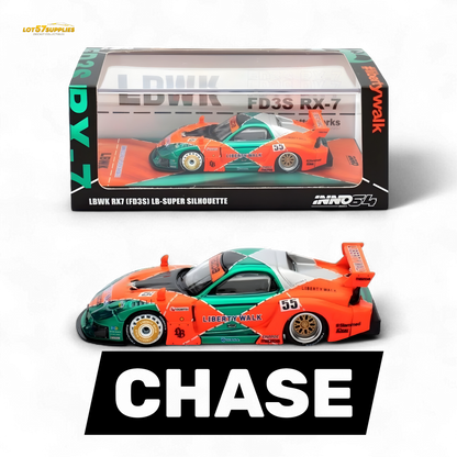Inno64 CHASE Mazda RX-7 LBWK FD3S Orange/Green MDX 24' 1:64
