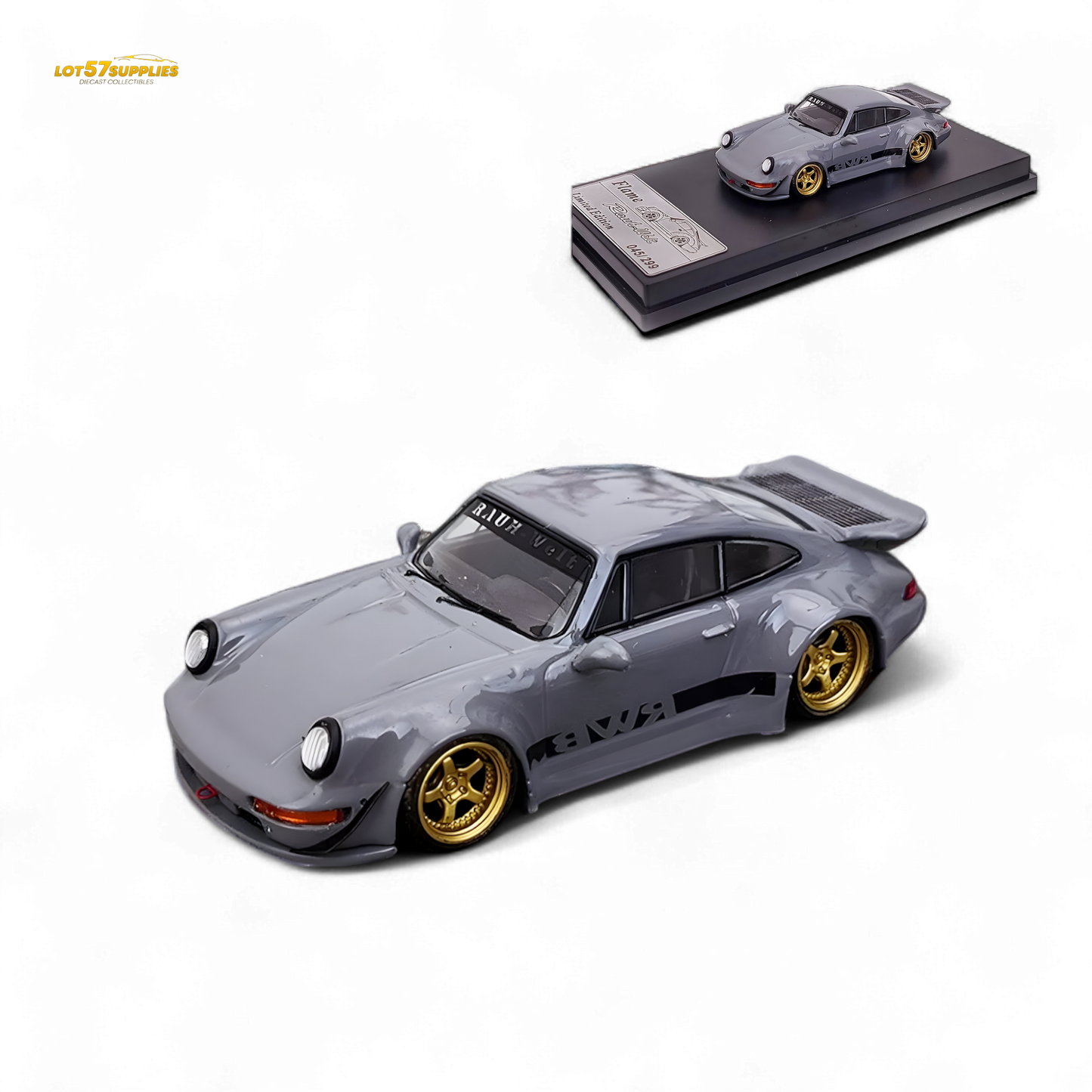 Flame Porsche 964 RWB Whale Tale in Cement Gray 1:64