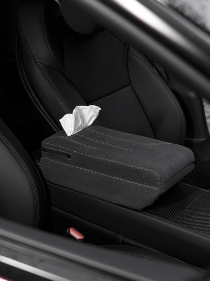 Suede Armrest Cover with Raised Pad & Tissue Box for Model Y Juniper & Model 3 Highland