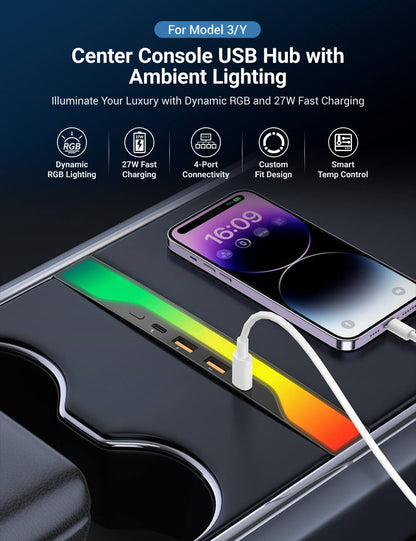 Center Console USB Hub with Ambient Lighting for Model 3 Highland/New Model Y