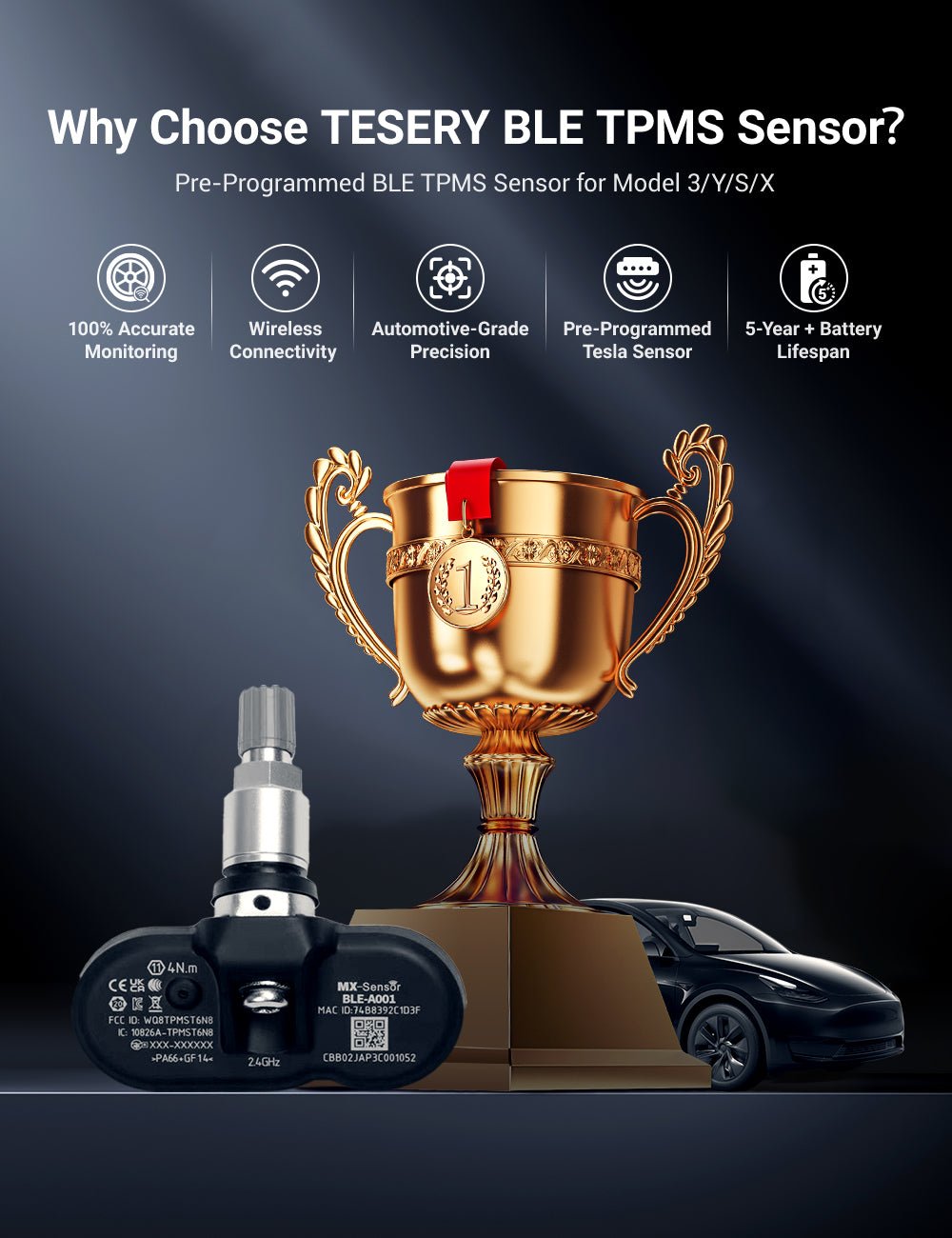 TESERY OEM BLE Bluetooth Tire Pressure Monitoring Sensor (TPMS) for Model 3/Y/S/X