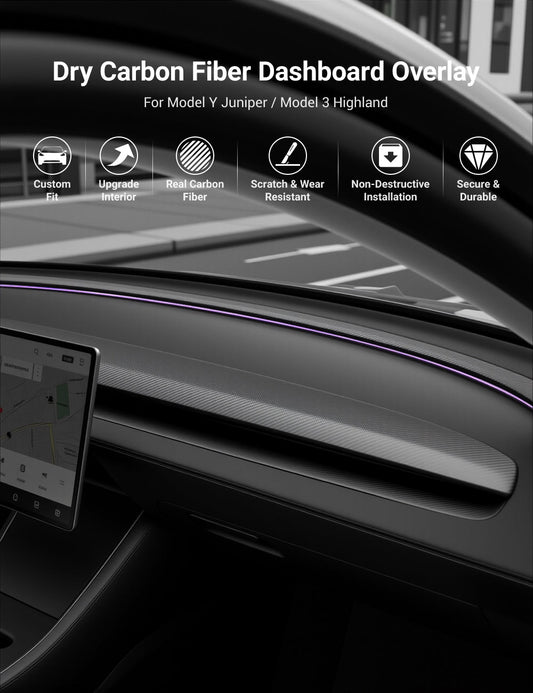 TESERY Real Dry Carbon Fiber Dashboard Cover Overlay for Model 3 Highland / Model Y Juniper