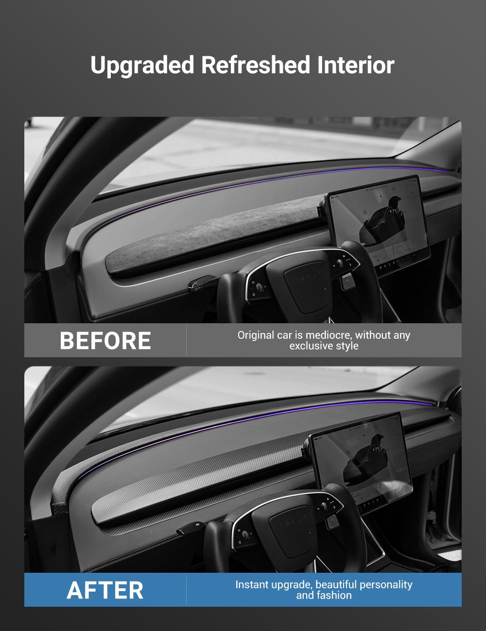 TESERY Real Dry Carbon Fiber Dashboard Cover Overlay for Model 3 Highland / Model Y Juniper