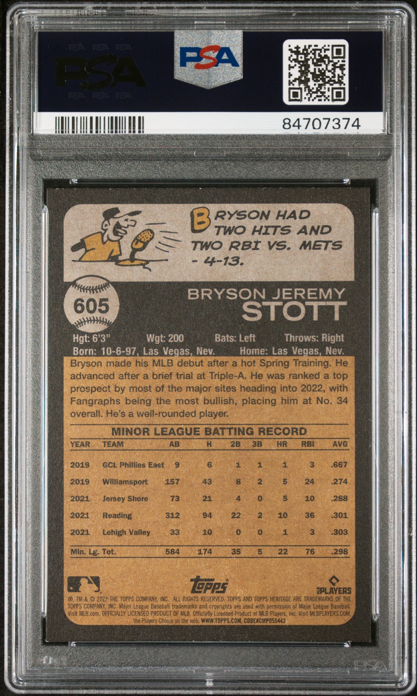 2022 TOPPS HERITAGE BRYSON STOTT  #605 - PSA 10 ROOKIE CARD