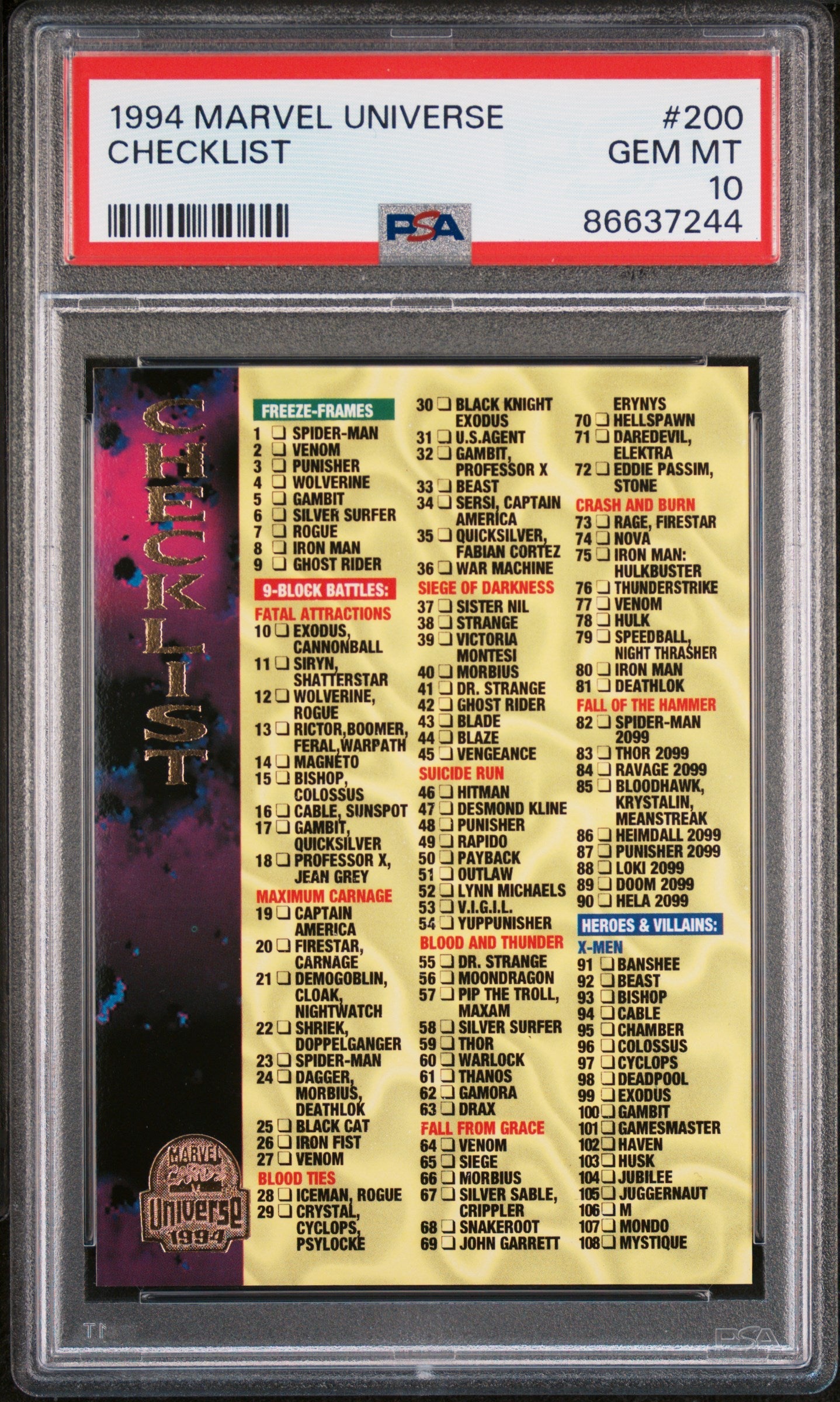 1994 MARVEL UNIVERSE CHECKLIST  #200 - PSA 10